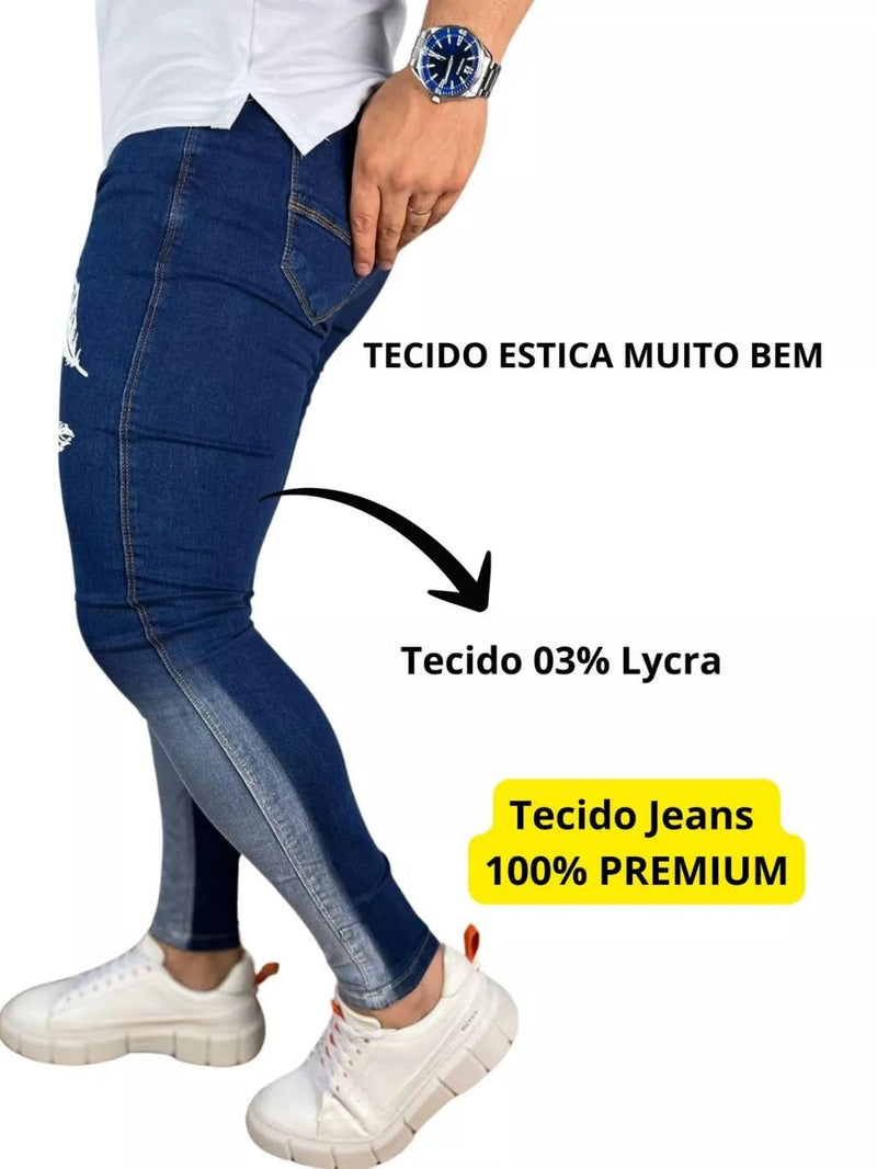Calça Jeans Masculina 03%Elastano com Detalhes Estampado