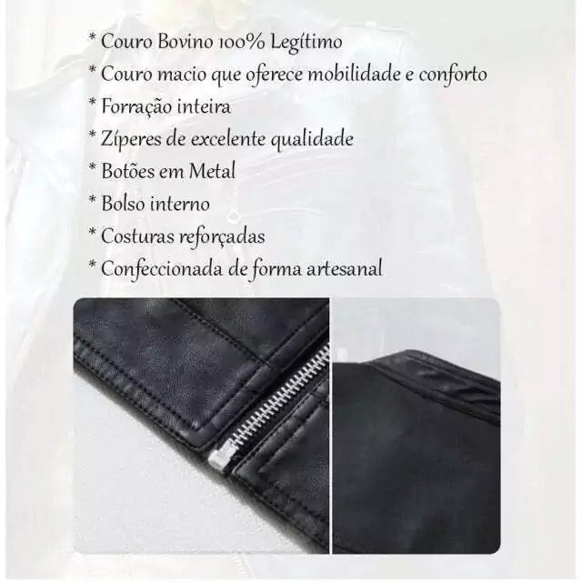 Jaqueta Masculina de Couro Legítimo Slim Diagonal